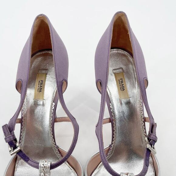 Prada Vintage Lilac Satin Snakeskin Trim Cutout Mary Jane T-Strap Heels IT 38.5 - Picture 8 of 11